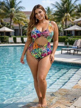 Tropical Floral Cutout One Piece Swimsuit Plus Size 2XL Curvy Drawstring